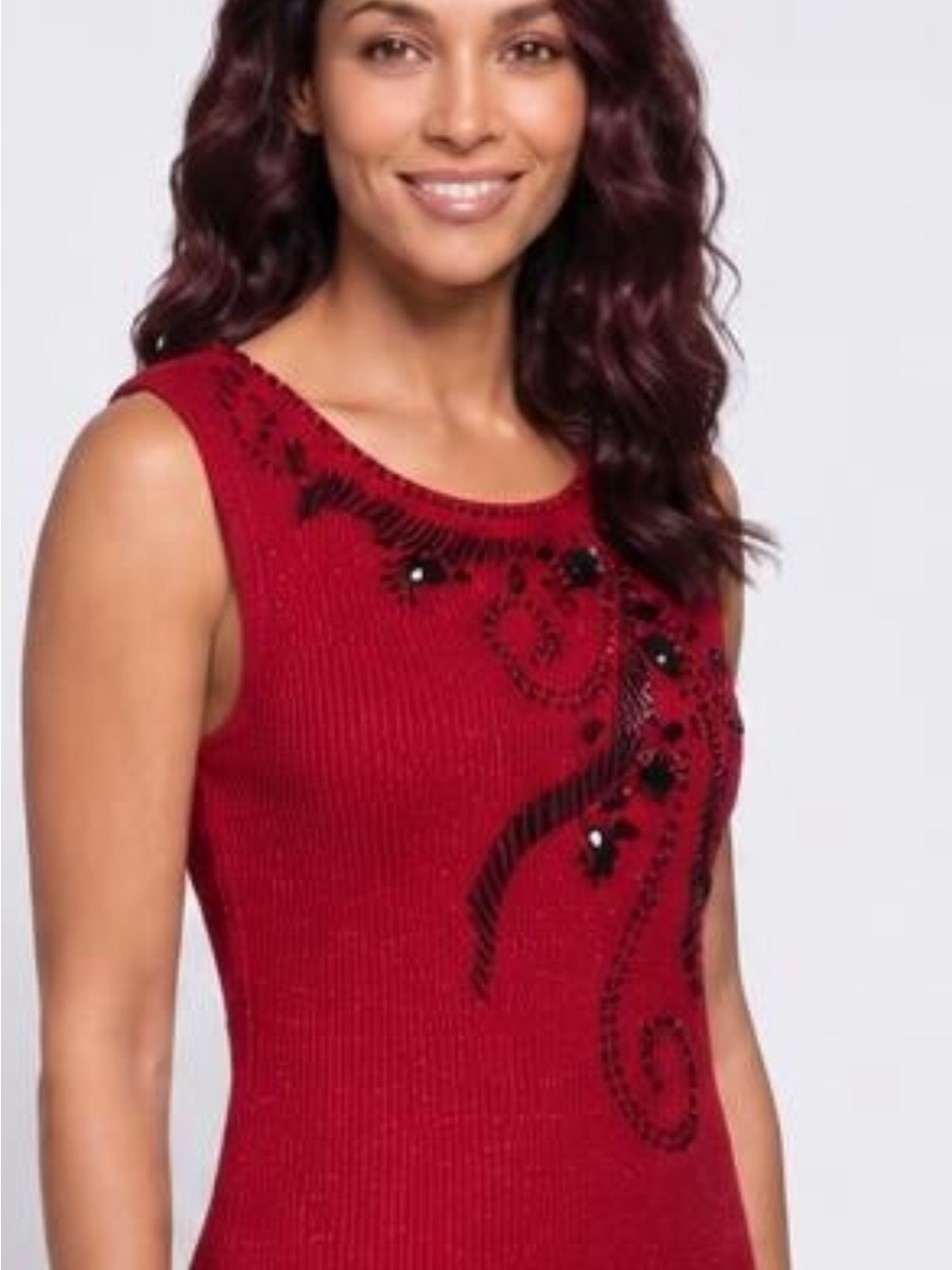 Embellished Red Sleeveless Knit Tank Top